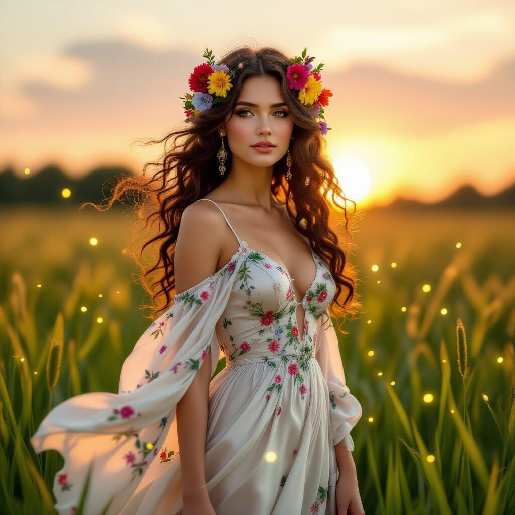 Woman in Floral Dress with Fireflies, Art Nouveau Style