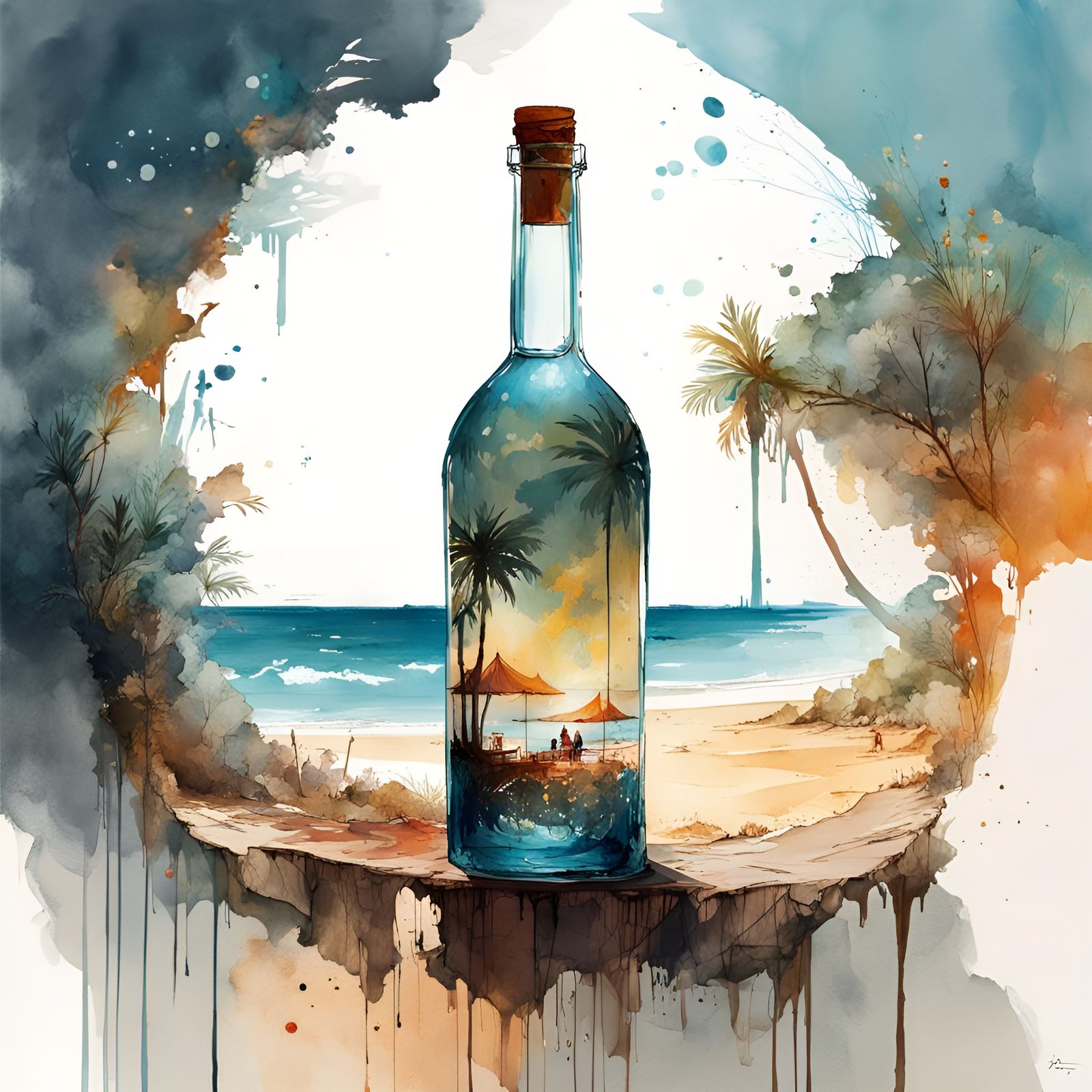 Bottle with Map in Sand, Watercolor Splash Art