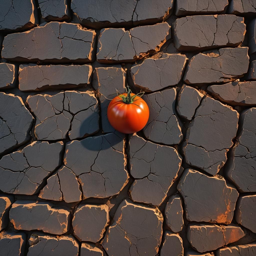 Photorealistic Tomato on Rustic Stone Wall in Golden Light