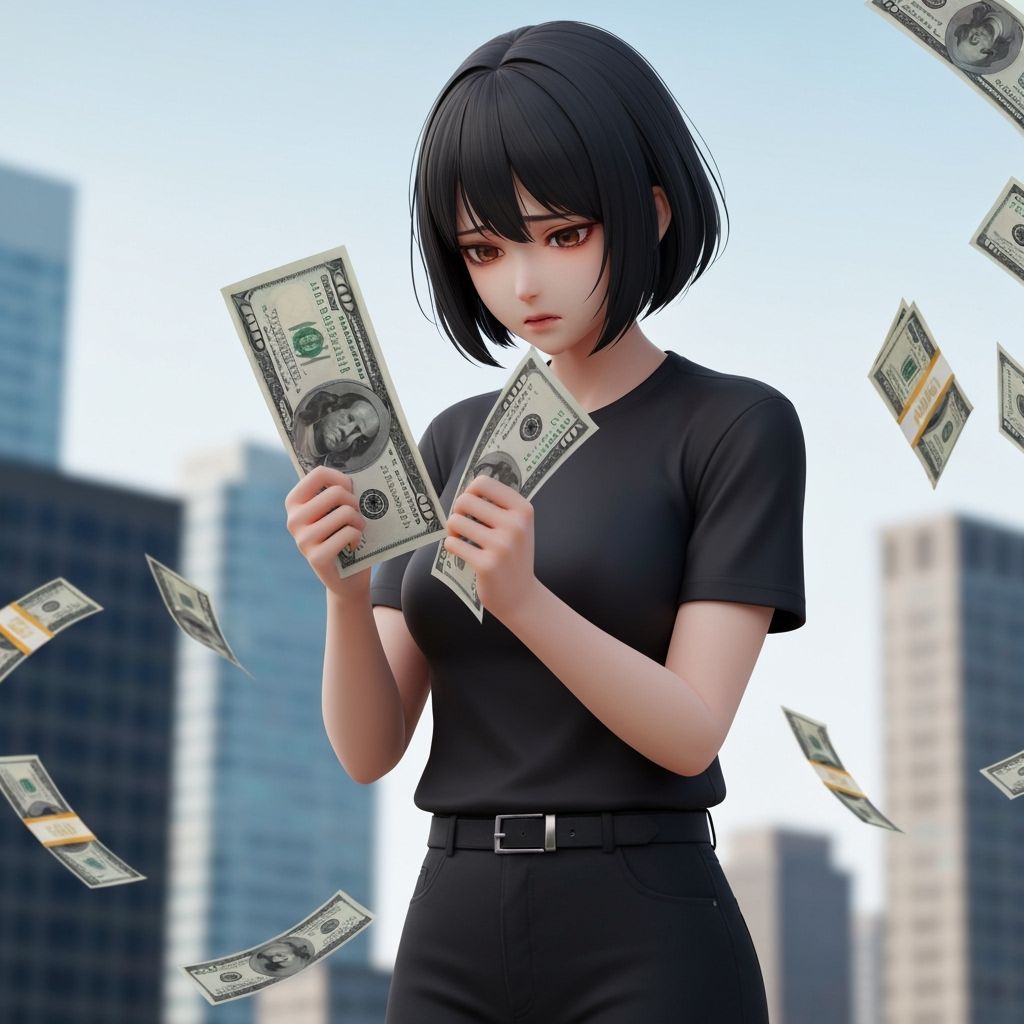 Woman Fails to Catch Flying Money in Anime Art