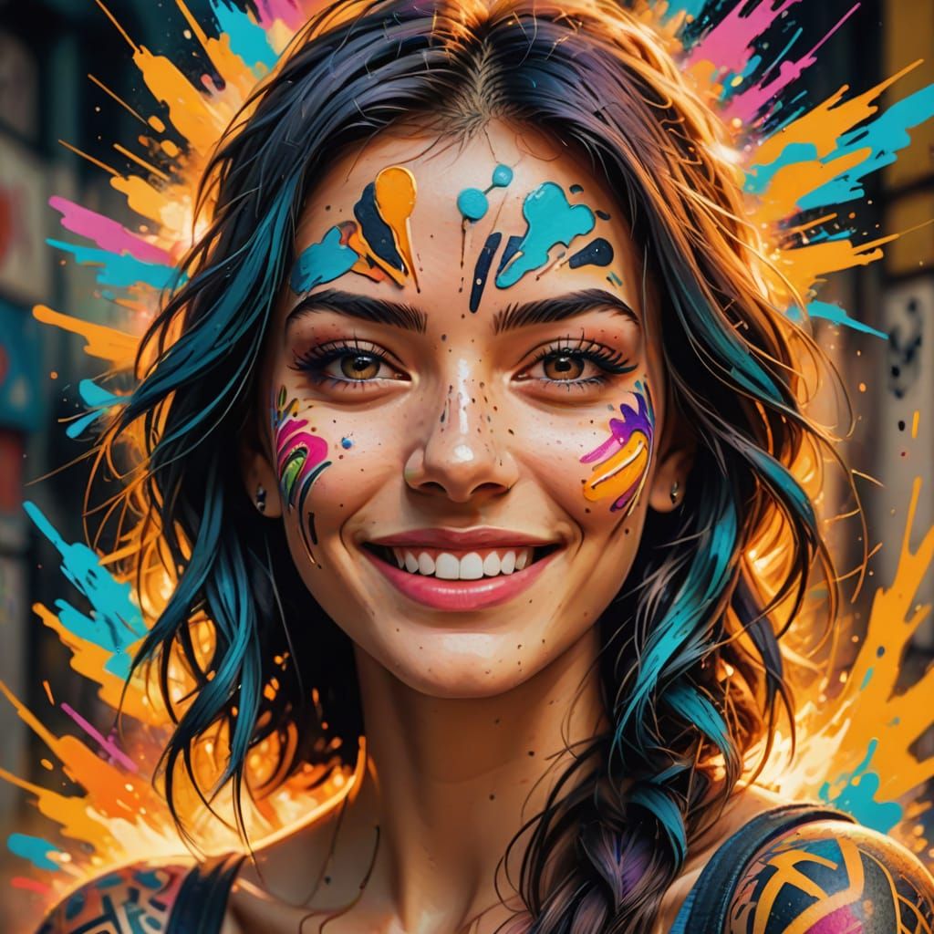 Smiling Face with Colorful Tattoos in Fauvist Expressionism