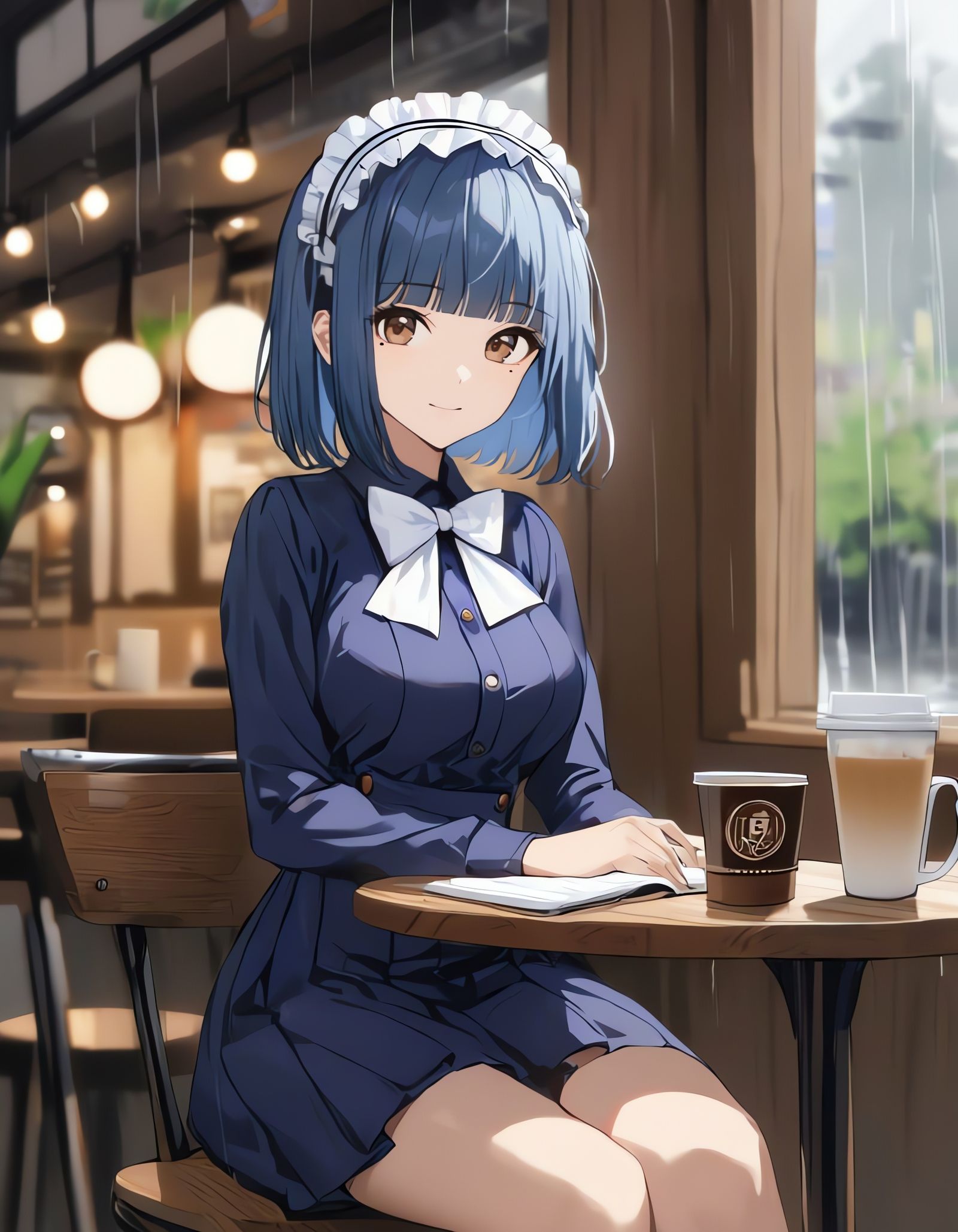 Sitting Solo in a Rainy Cafe, Dark Hair and Eyes