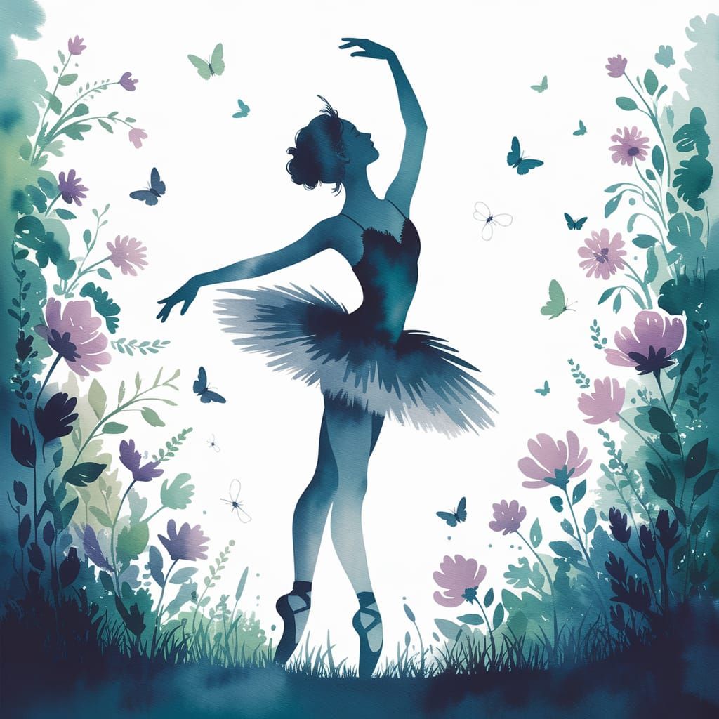 Ballerina Dances in Dreamlike Garden: Watercolor Style