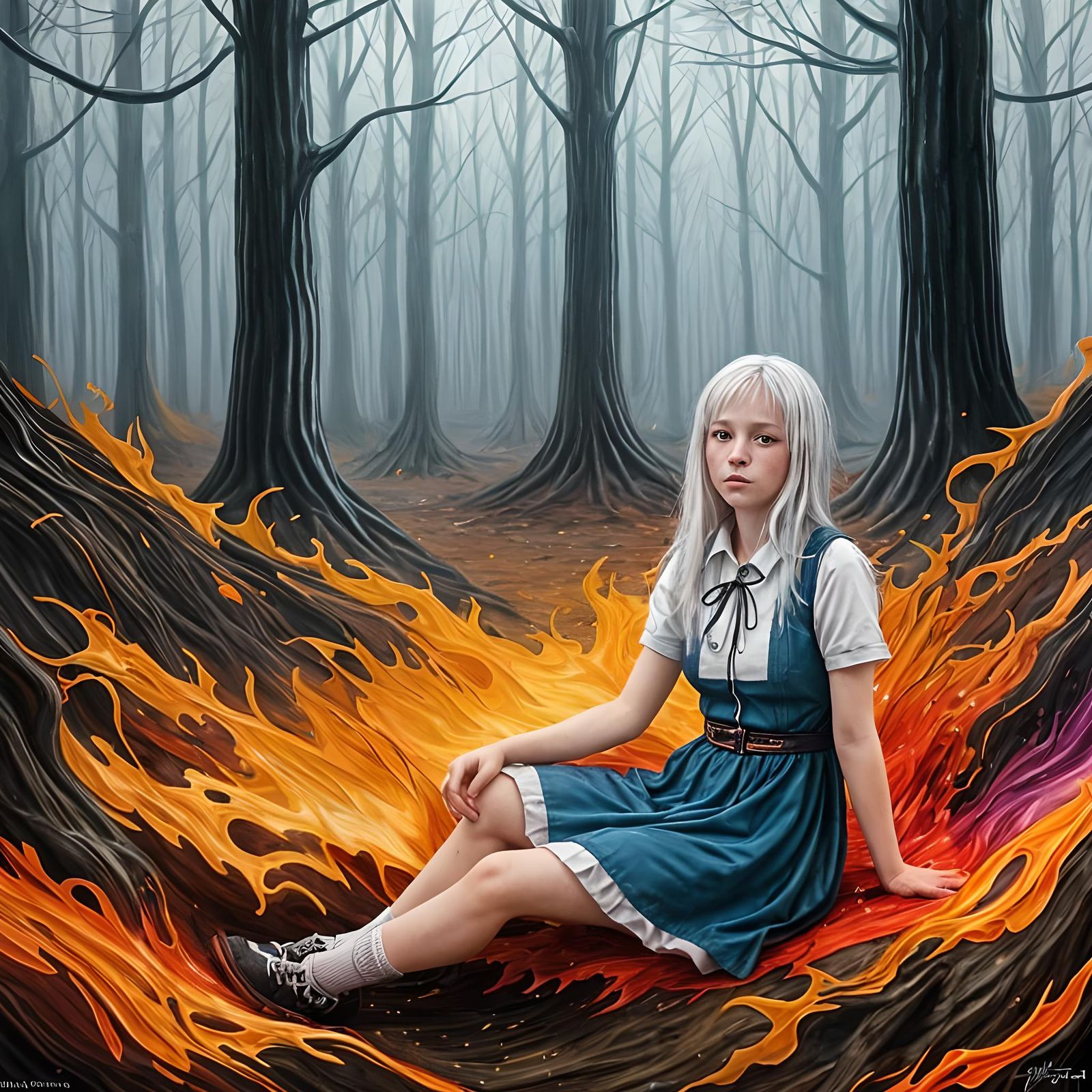 Albino Girl Lost in Woods as Graffiti Art