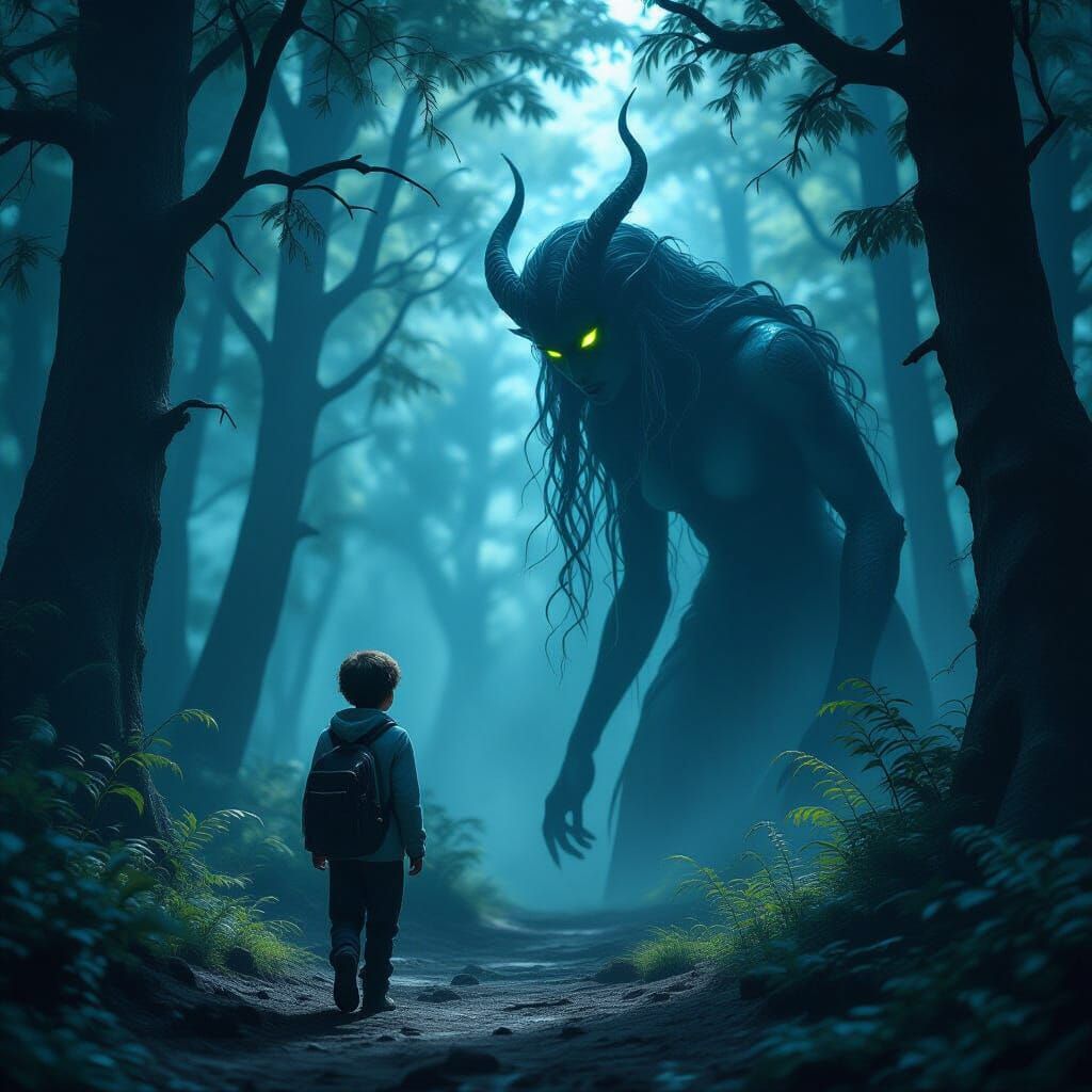 Boy Meets Siren in Dark Forest, Digital Matte Painting