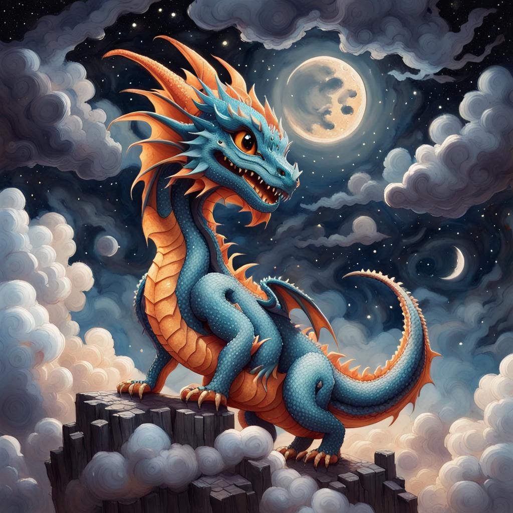 Chibi Orange Dragon in Glitter Watercolor Style