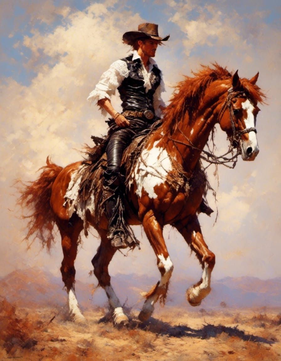 Painting of a cowboy  riding a horse