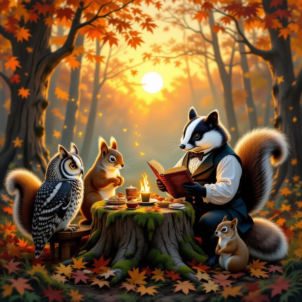 Woodland Creatures Feast Under Moonlit Autumn Sky