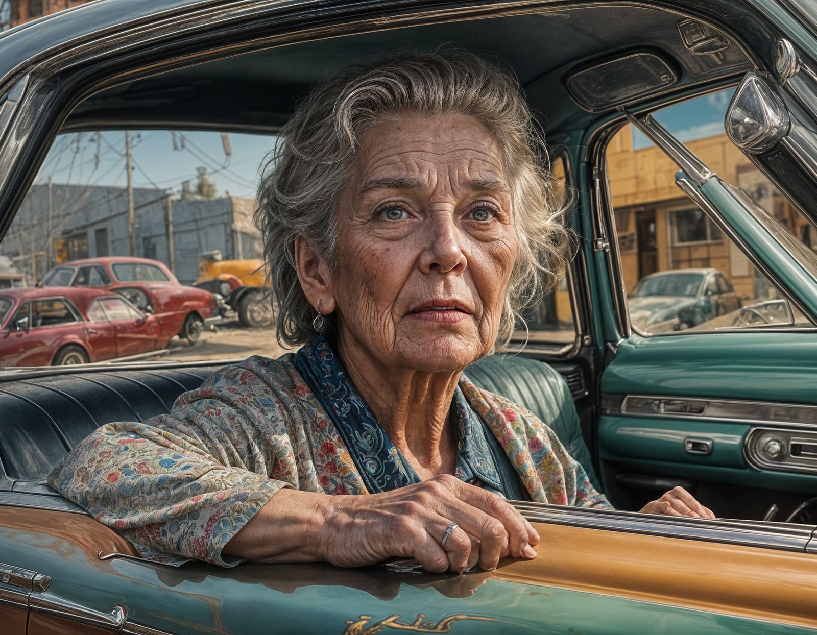 Hyperrealistic Old Woman in Cadillac, Splash Art