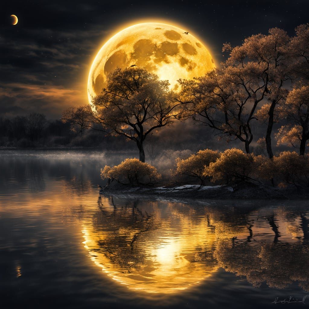 Golden Moon Eclipse Over Dark Lake