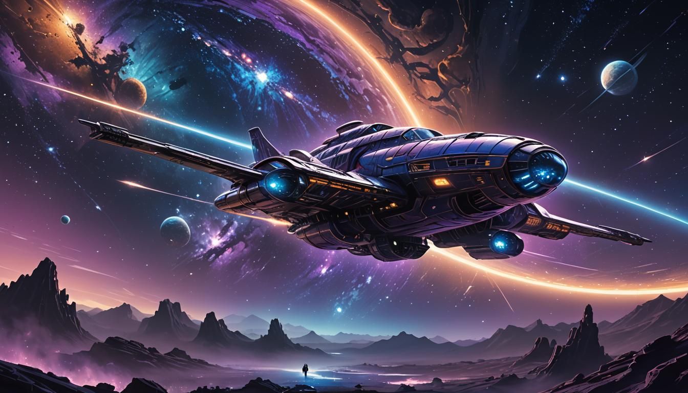 Spaceship Soaring Through a Vibrant Starry Galaxy