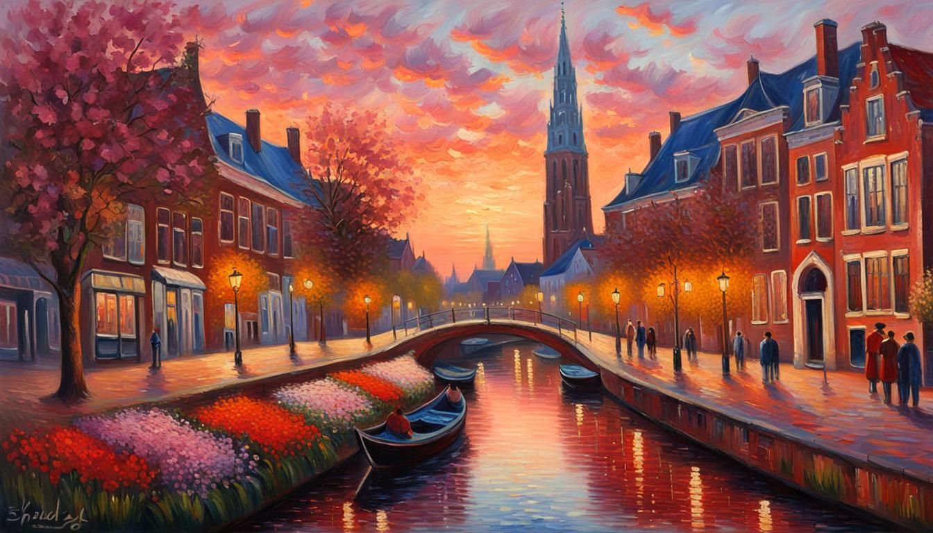 Delft Canals at Sunset in Impressionistic Style