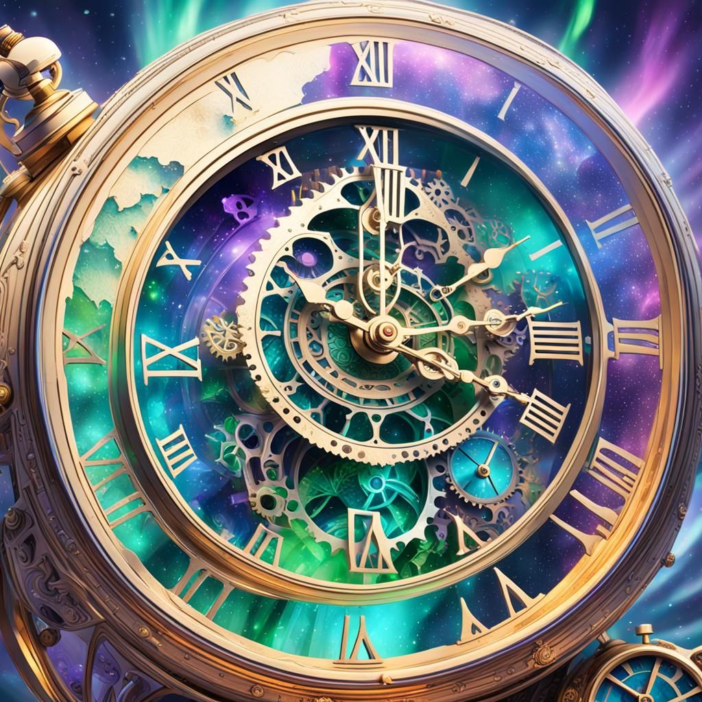 Antique Clock Amidst Aurora Borealis: Hyperrealistic Concept...