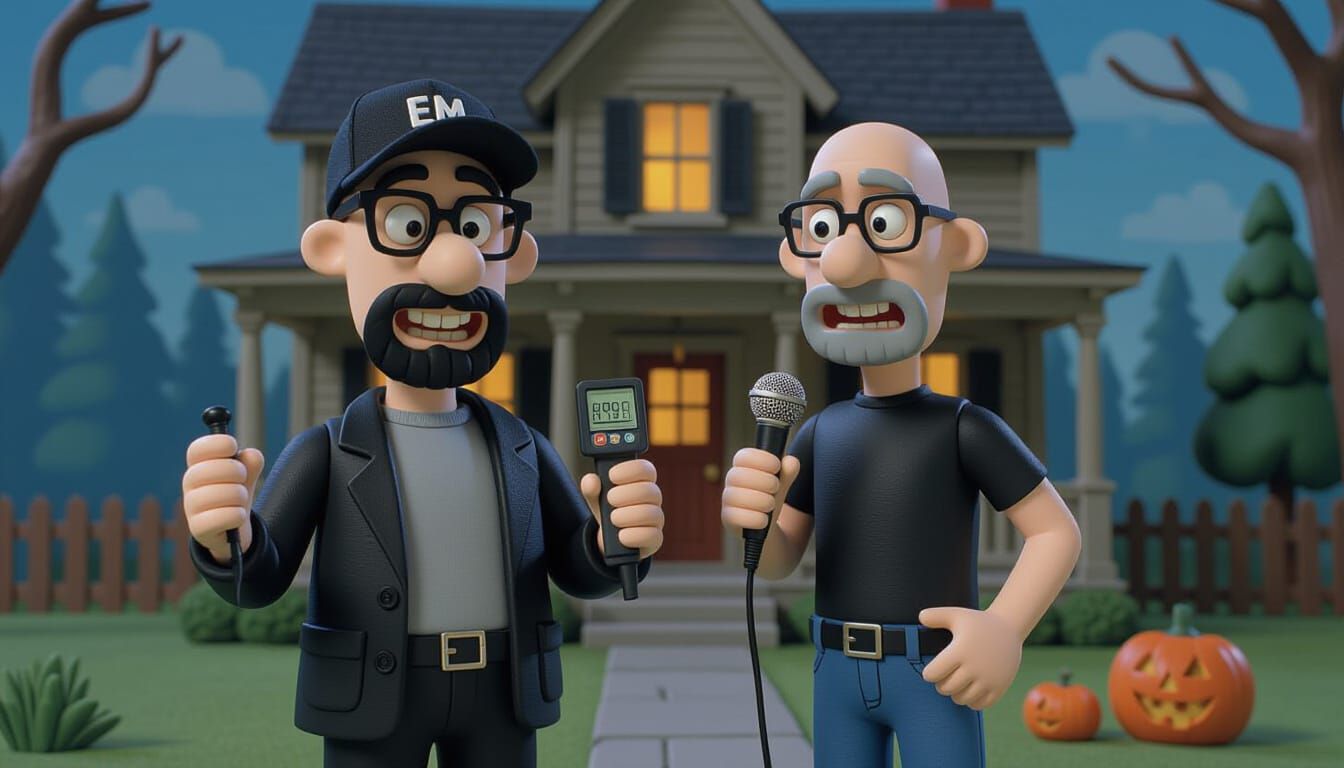 Claymation Paranormal Investigators Outside Spooky House