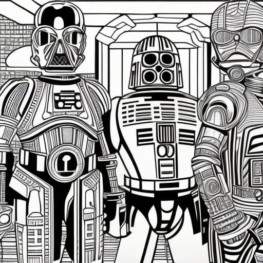 coloring pages for adults, C3Po and R2-D2 next to a urinal in a futuristic restroom , In the style of Pop Art, Heavy Lin...