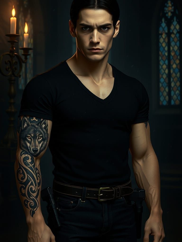 Brooding Man in Gothic Setting, Cinematic Portrait