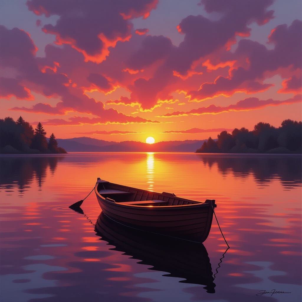 Tranquil Lake Sunset with Rowboat in Oil Painting Style