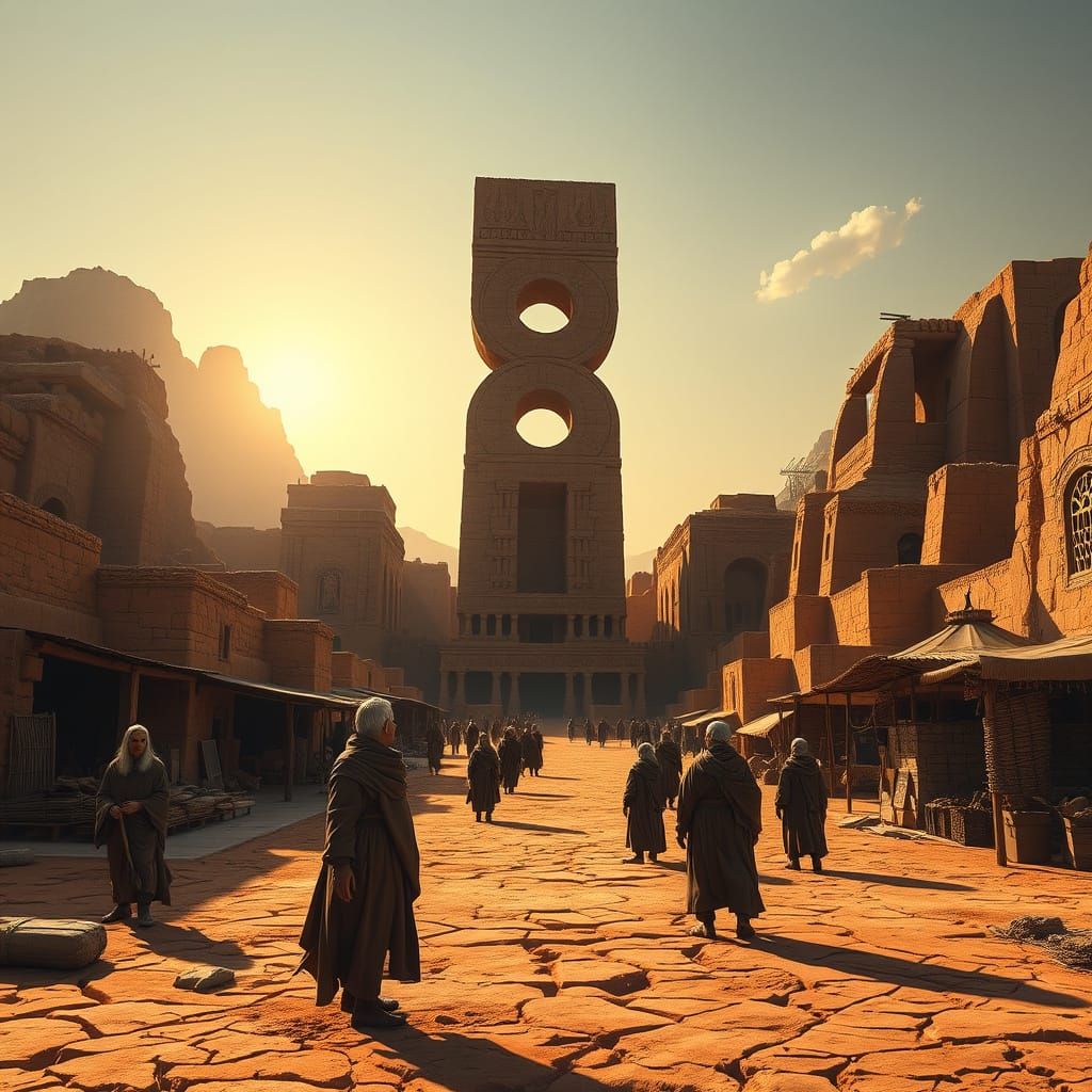 Ancient Monument to the Digit 8 in a Bustling Settlement