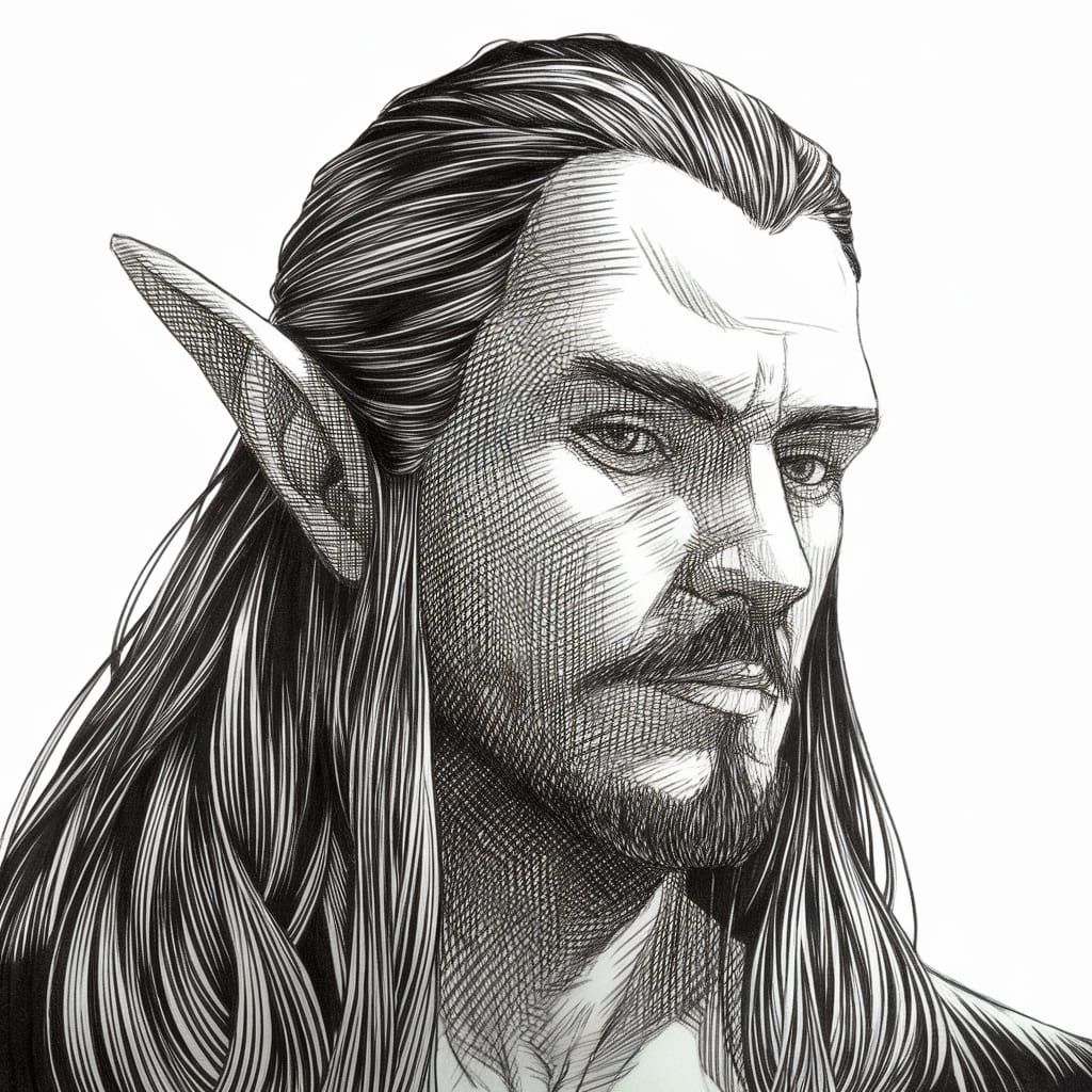 Ink Drawing of an Elfin Man in Cross-Hatching Style