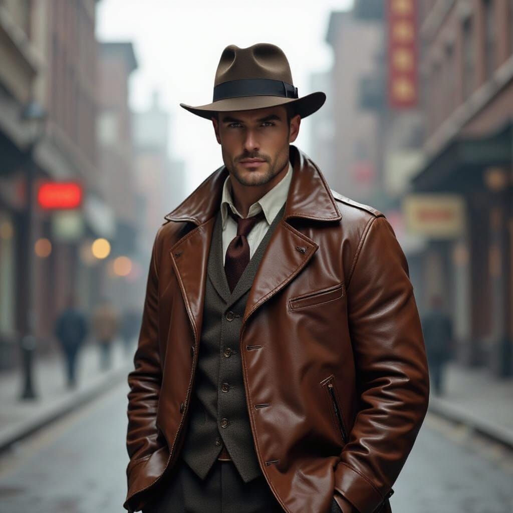 1920s Man in Leather Jacket, Noir Style