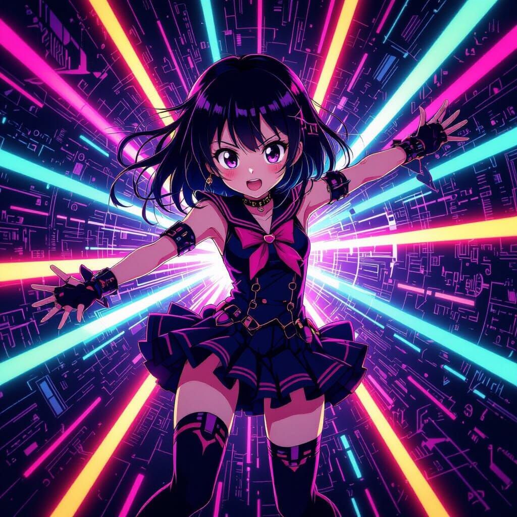 Cute Anime Girl PHONK Album Cover with Neon Rays