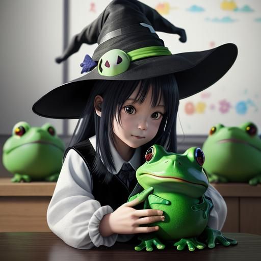 Toddler Witch Hugs Frog: 3D Anime Art