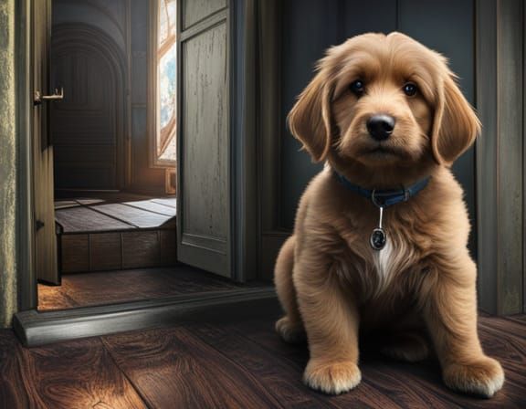 Fluffy Puppy with Big Eyes in Detailed Matte Painting