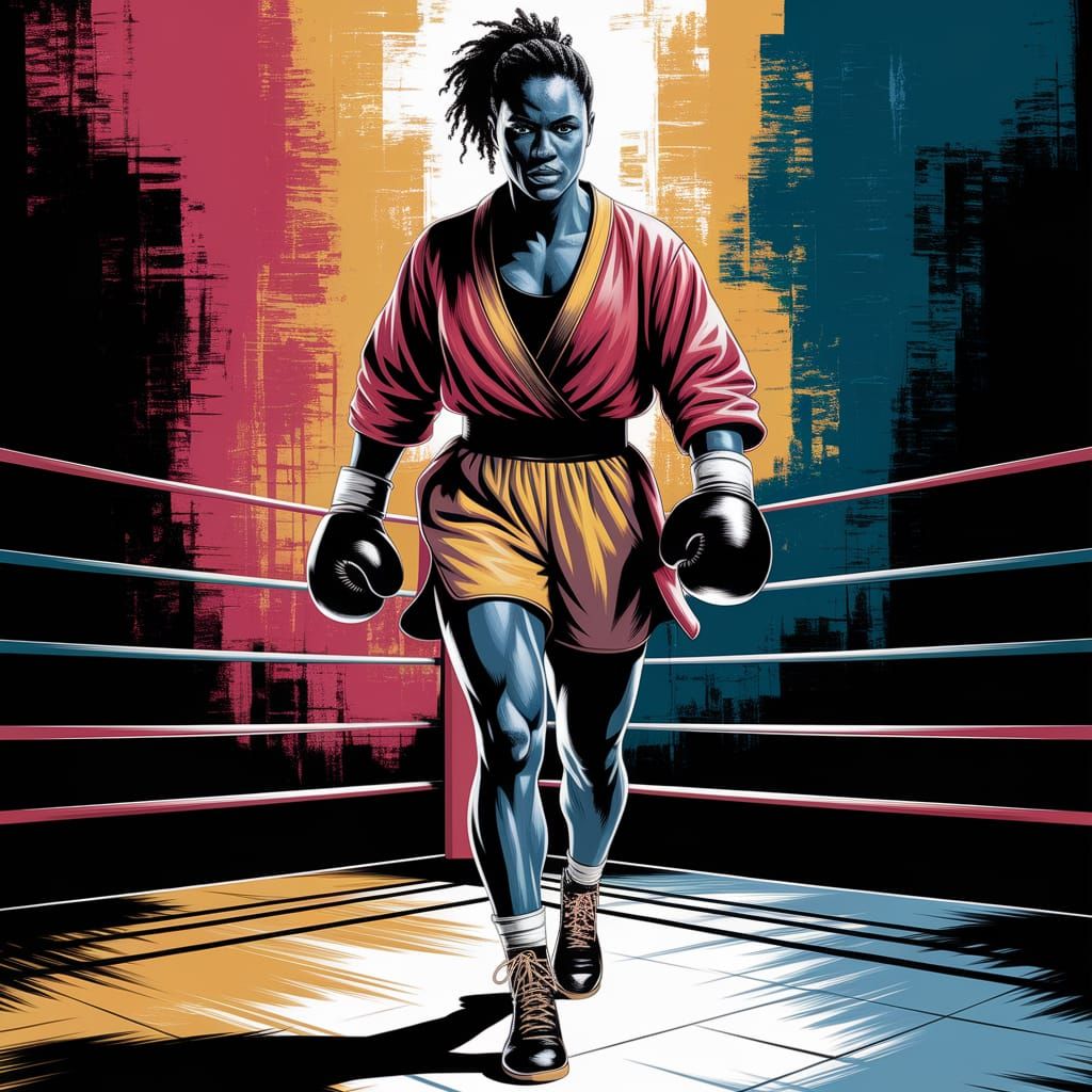 Black Female Boxer in Grungy Oil Painting Style