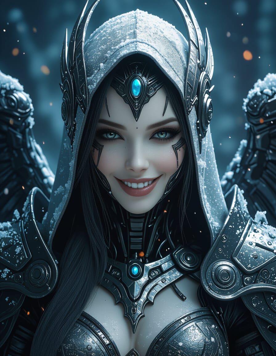 Biomechanical Ice Angel with Cybernetic Face in Dark Fantasy