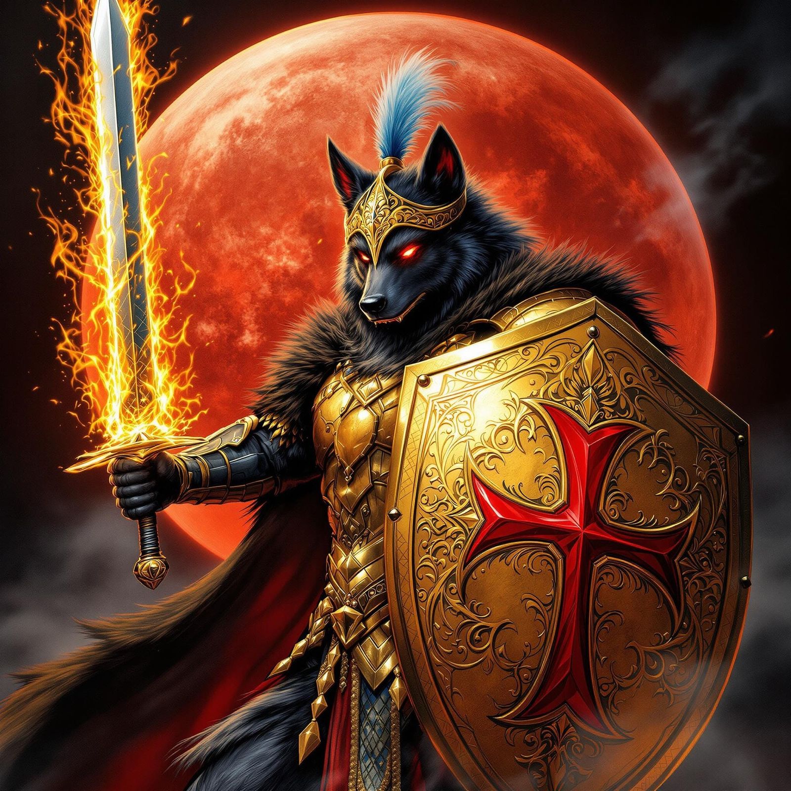 Armored Wolf Warrior with Fiery Sword