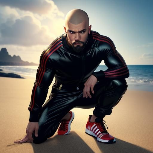 Hyperrealistic Muscle Man Kneeling on Sand