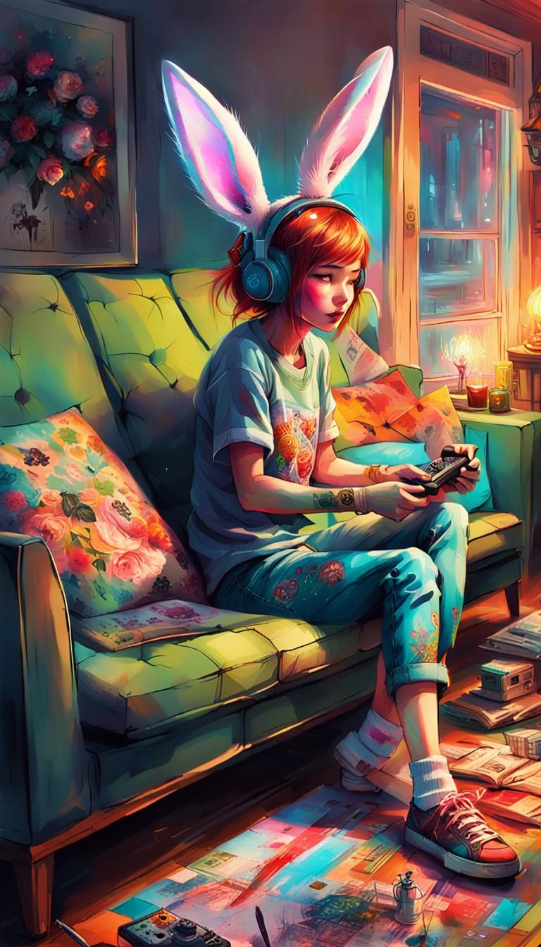 Anime Style Girl with Rabbit Ears Gaming
