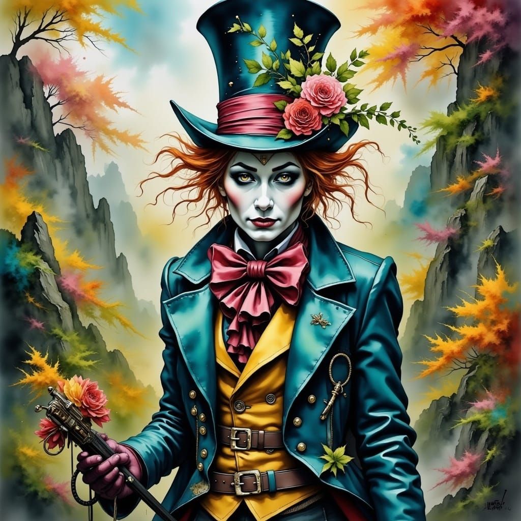 Mad Hatter in Comic Style with Floral Steampunk