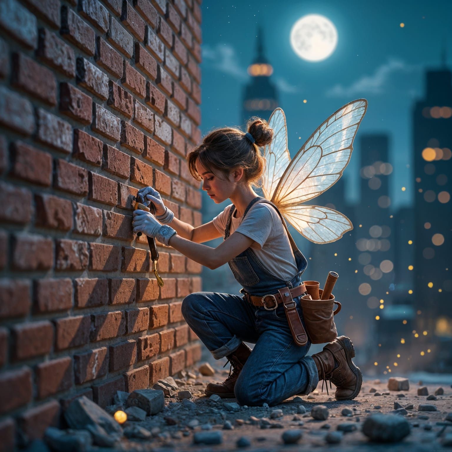 Urban Mason Fairy Repairs Walls: Photorealistic Splash Art