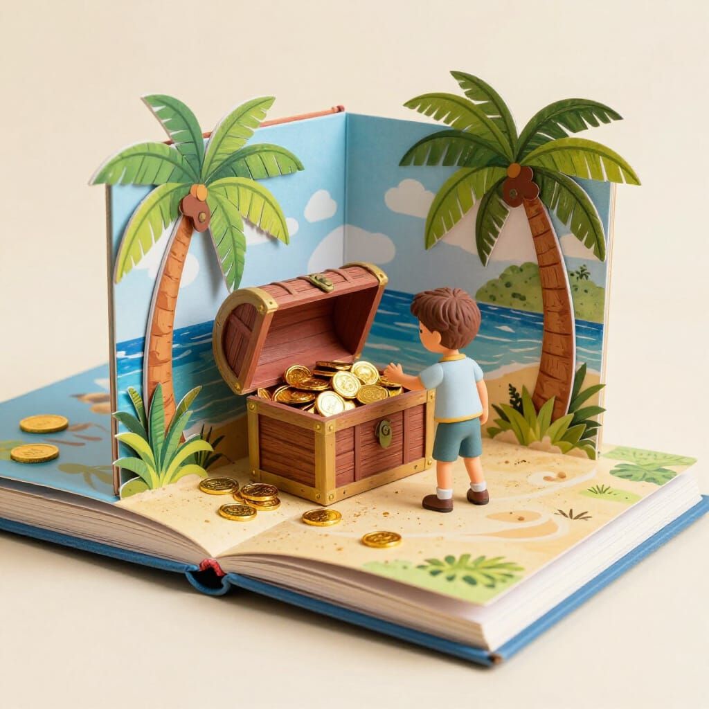 He landed on an island and found a treasure chest.