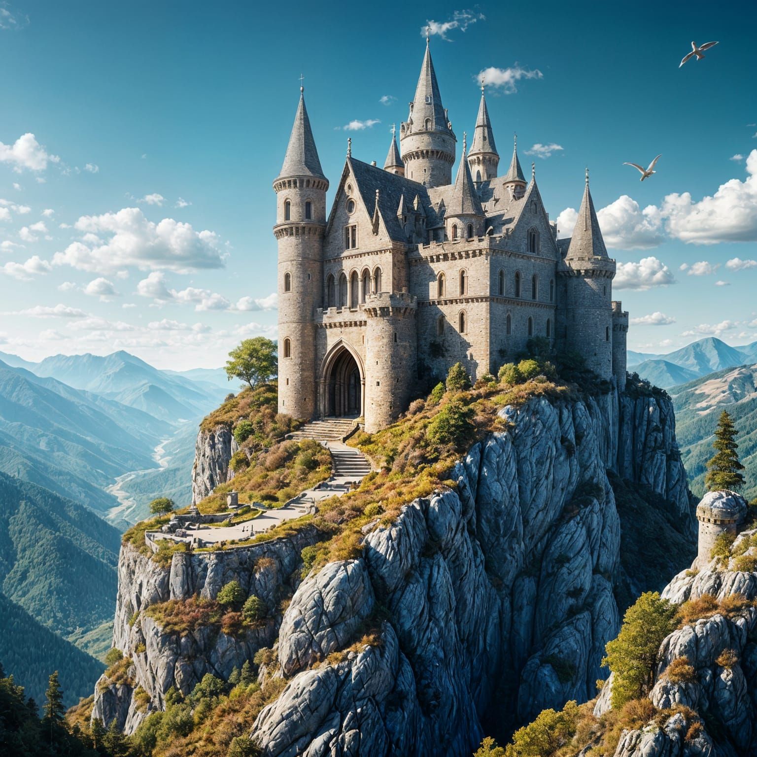 Majestic Castle on Rocky Outcropping, Basked in Golden Light