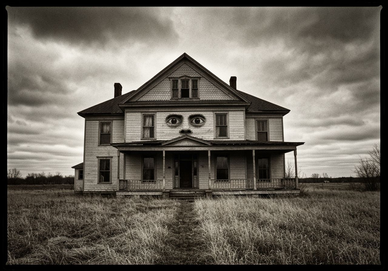 Abandoned House Facade Resembles Face in Vintage Photo