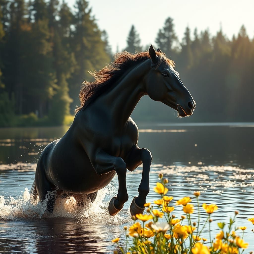 Dark Horse Leaps into Lake with Golden Sparkles