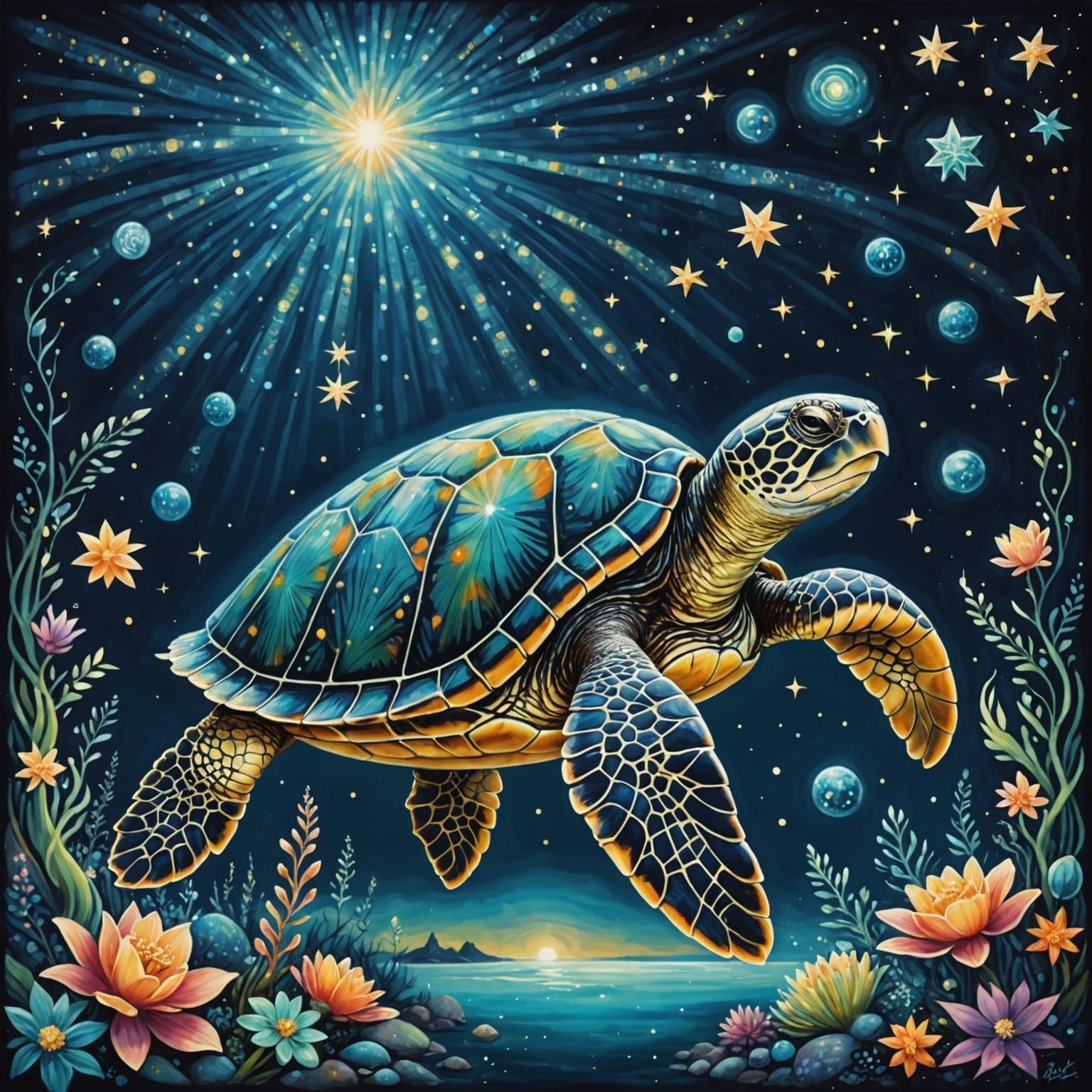 Celestial Sea Turtle in Art Nouveau Style