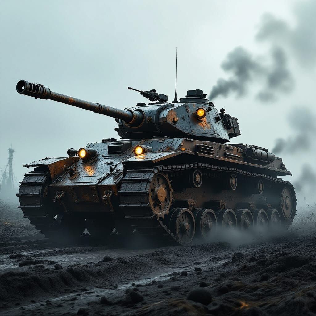 Steampunk Tank on War-Torn Battlefield