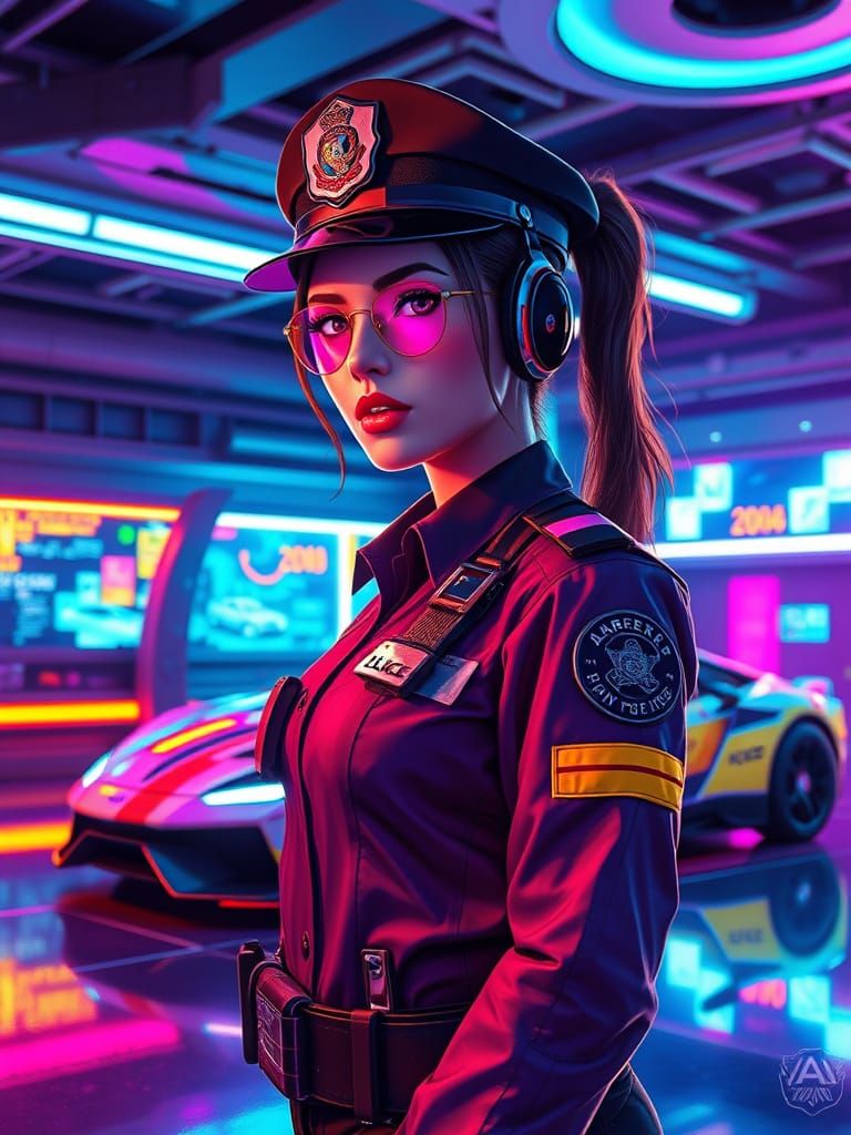 Futuristic Police Woman in Neon High-Tech Haven