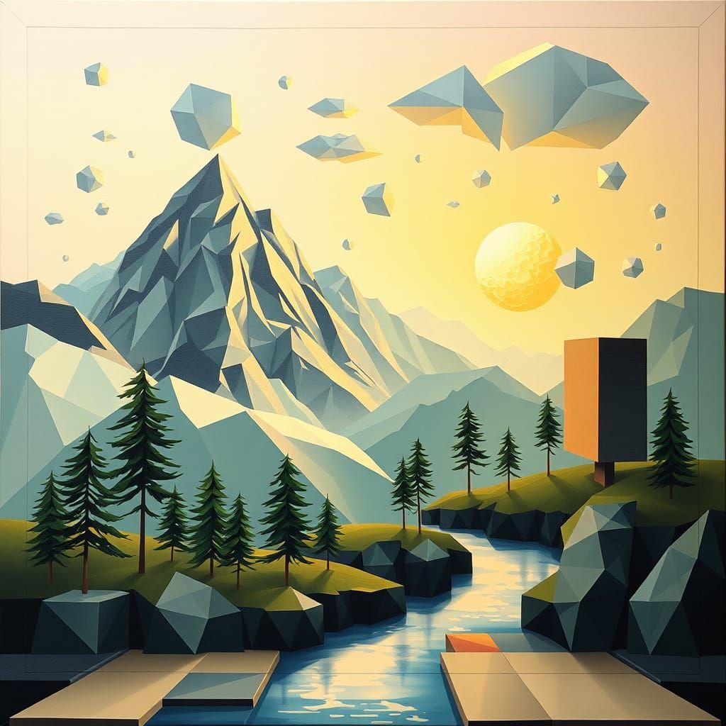 Surreal Geometric Landscape with Floating Shapes and Pastel ...