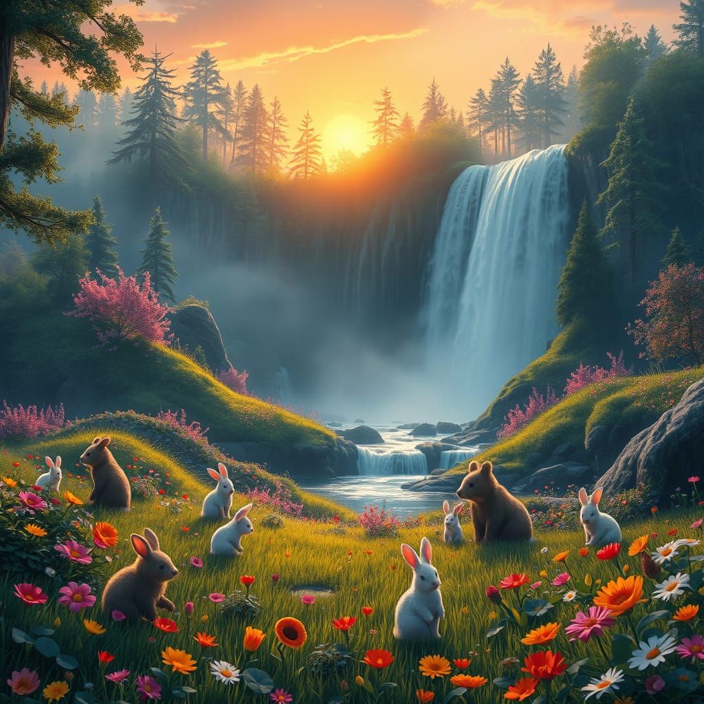 Whimsical Waterfall Wonderland with Majestic Creatures and V...