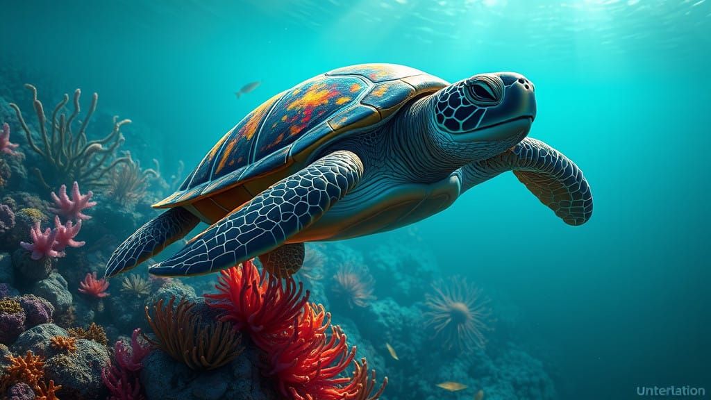 Majestic Turtle in Iridescent Ocean Depths