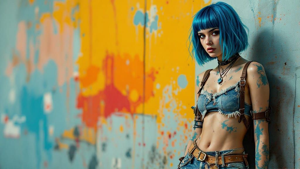 Defiant Blue-Haired Woman in Post-Apocalyptic Style