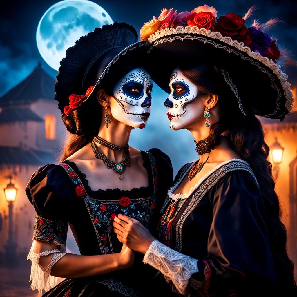 Romantic Catrina and Catrin Kiss in Mystical Moonlight