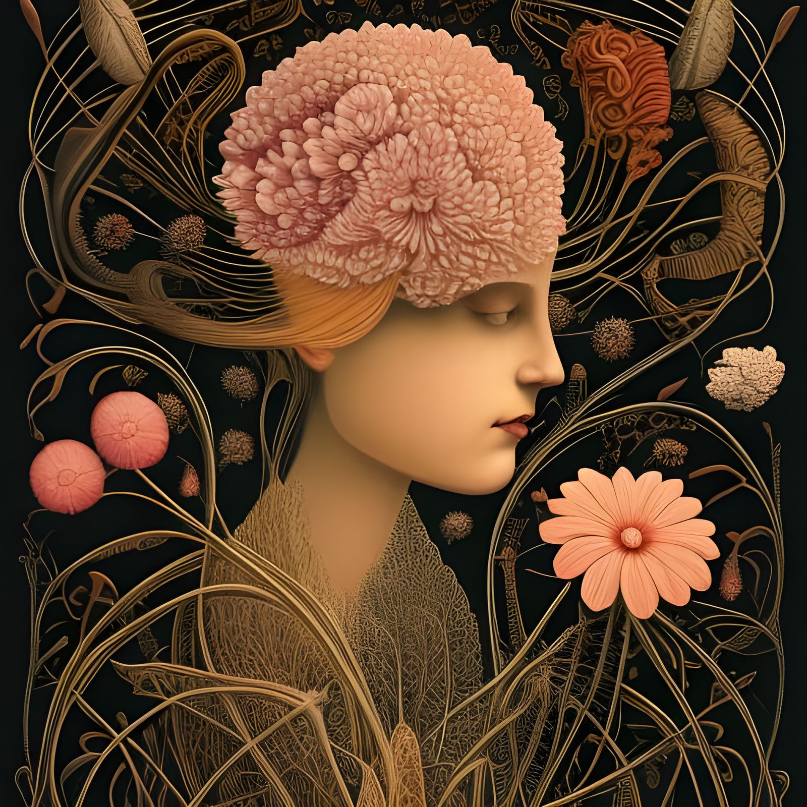 Girl Holding Flowers in Detailed Botanical Art Style