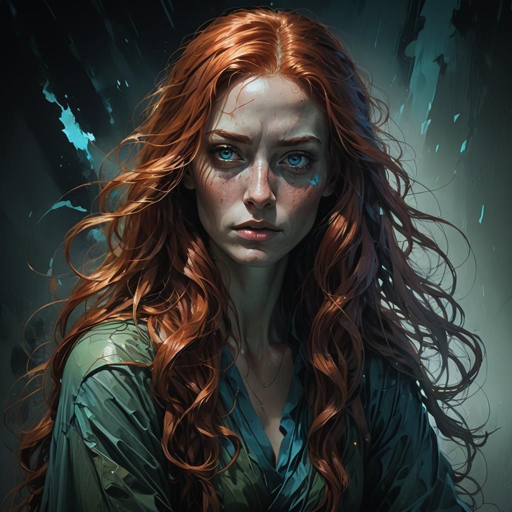 Girl with Red Hair Portrait in Dramatic Lighting