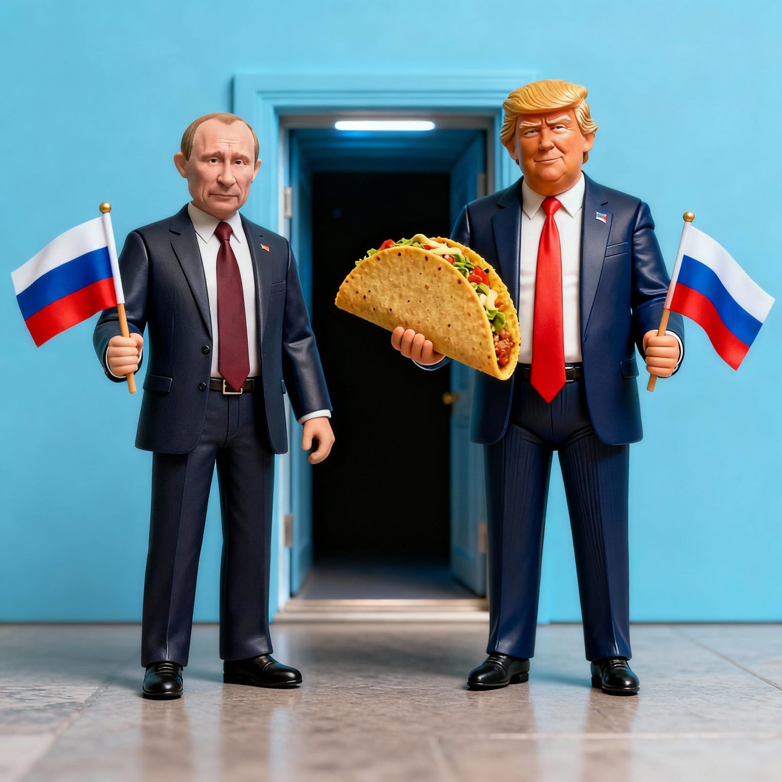 Putin and Trump Dolls in 3D Render with Russian Flags