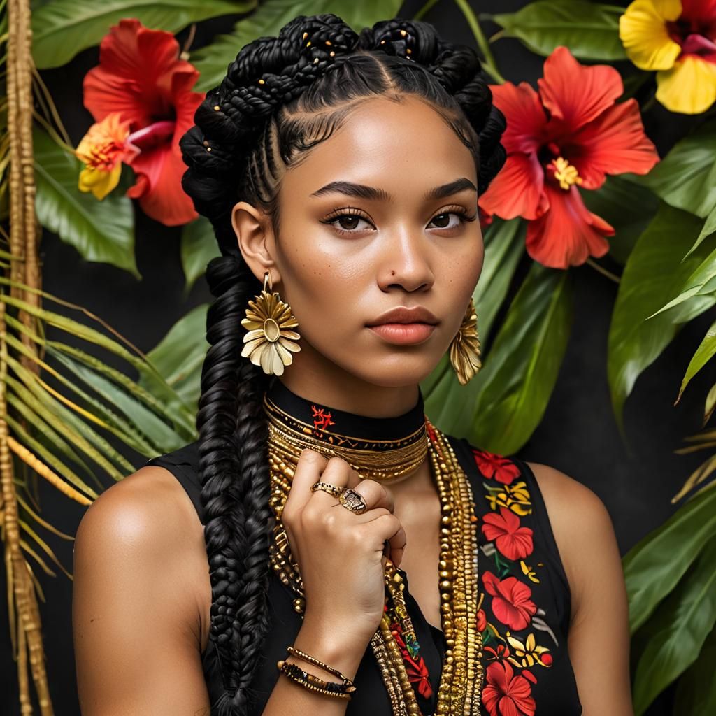 Elegant Portrait with Braids and African Textile Elements